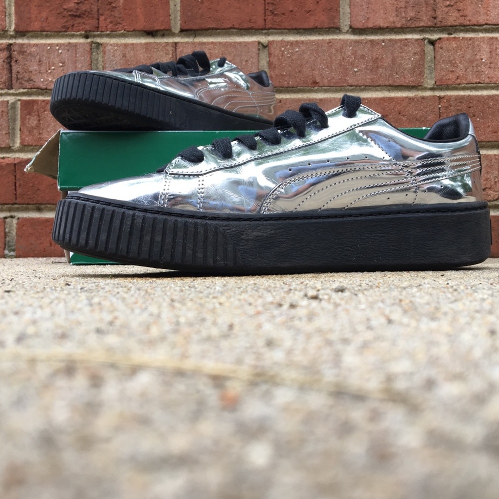 Metallic Silver Basket Platform Puma Sneakers